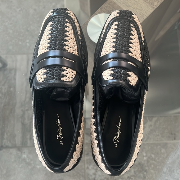 3.1 Phillip Lim Alexa Raffia & Leather Penny Loafers in Antique White/Black NEW - Picture 12 of 16